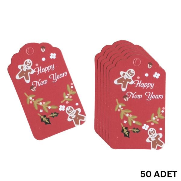 Yılbaşı Happy New Years Yazılı Hediye Etiketi, Yeniyıl Paketleme Kartı, 50 Adet-4,5x7.5Cm, Kırmızı