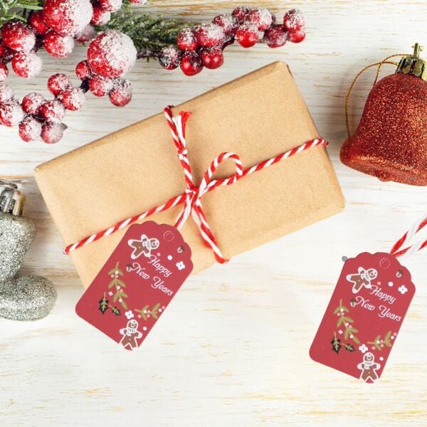 Yılbaşı Happy New Years Yazılı Hediye Etiketi, Yeniyıl Paketleme Kartı, 50 Adet-4,5x7.5Cm, Kırmızı