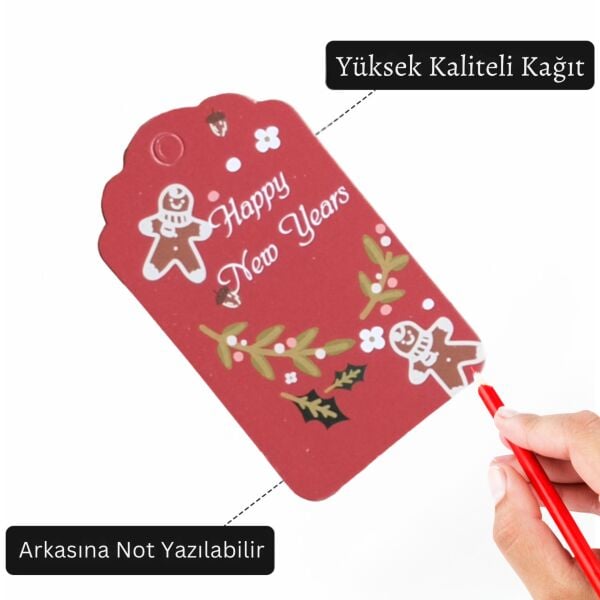Yılbaşı Happy New Years Yazılı Hediye Etiketi, Yeniyıl Paketleme Kartı, 50 Adet-4,5x7.5Cm, Kırmızı