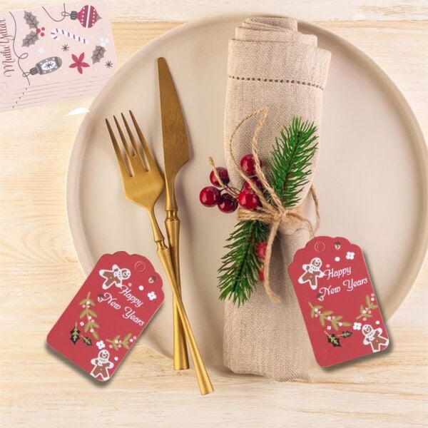 Yılbaşı Happy New Years Yazılı Hediye Etiketi, Yeniyıl Paketleme Kartı, 50 Adet-4,5x7.5Cm, Kırmızı