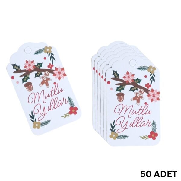 Yılbaşı Mutlu Yıllar Yazılı Hediye Etiketi, Yeniyıl Paketleme Kartı, 50 Adet-4,5x7.5 Cm, Beyaz Zemin
