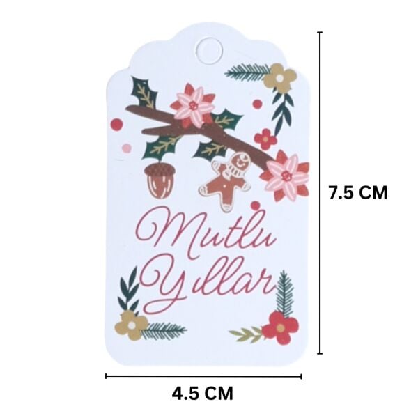 Yılbaşı Mutlu Yıllar Yazılı Hediye Etiketi, Yeniyıl Paketleme Kartı, 50 Adet-4,5x7.5 Cm, Beyaz Zemin
