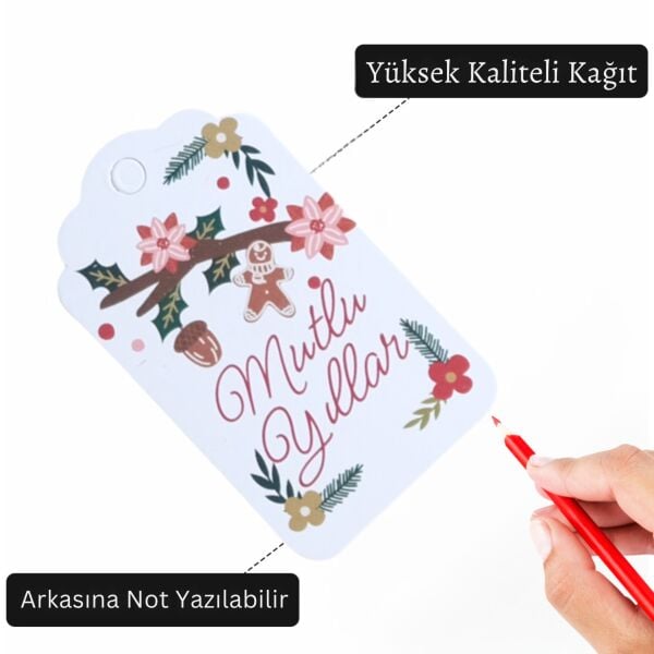 Yılbaşı Mutlu Yıllar Yazılı Hediye Etiketi, Yeniyıl Paketleme Kartı, 50 Adet-4,5x7.5 Cm, Beyaz Zemin