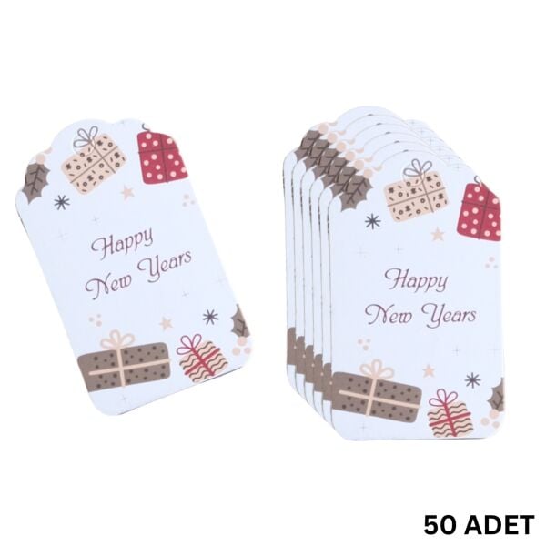 Yılbaşı Happy New Years Yazılı Hediye Etiketi, Yeniyıl Paketleme Kartı, 50 Adet-4,5x7.5Cm, Beyaz