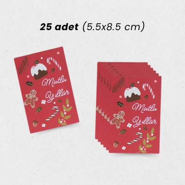 Yılbaşı Mutlu Yıllar Yazılı Hediye Kart Seti, Yeniyıl Paketleme Kartı, 25 Adet-5,5x8.5 Cm, Kırmızı