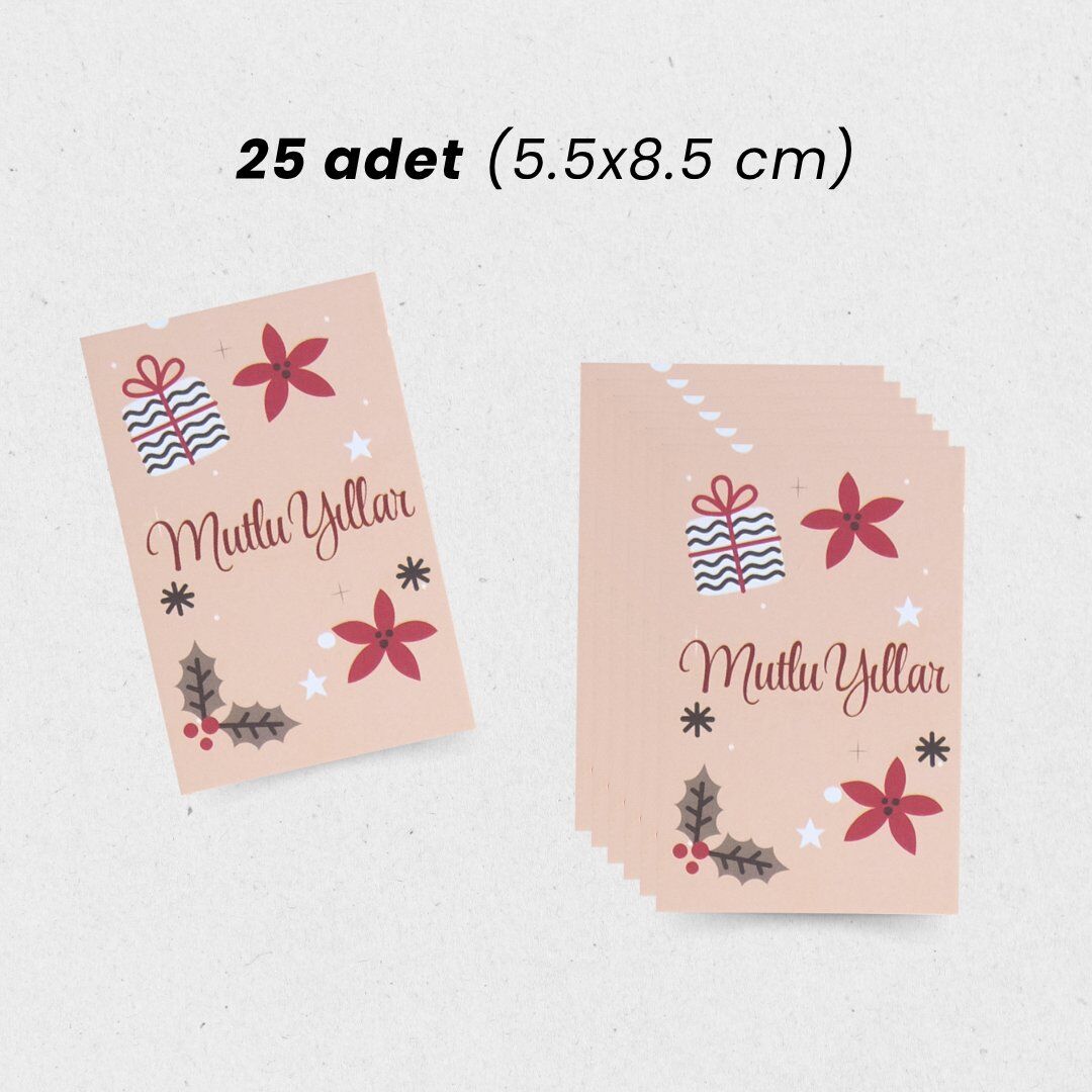 Yılbaşı Mutlu Yıllar Yazılı Hediye Kart Seti, Yeniyıl Paketleme Kartı, 25 Adet-5,5x8.5 Cm, Bej-2