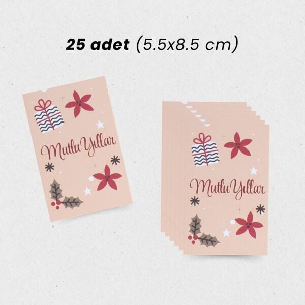Yılbaşı Mutlu Yıllar Yazılı Hediye Kart Seti, Yeniyıl Paketleme Kartı, 25 Adet-5,5x8.5 Cm, Bej-2