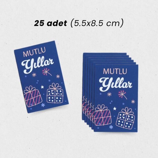 Yılbaşı Mutlu Yıllar Yazılı Hediye Kart Seti, Yeniyıl Paketleme Kartı, 25 Adet-5,5x8.5 Cm, Mavi
