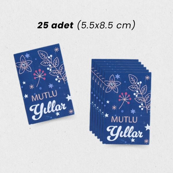 Yılbaşı Mutlu Yıllar Yazılı Hediye Kart Seti, Çiçek Temalı Paketleme Kartı, 25 Adet-5,5x8.5 Cm, Mavi