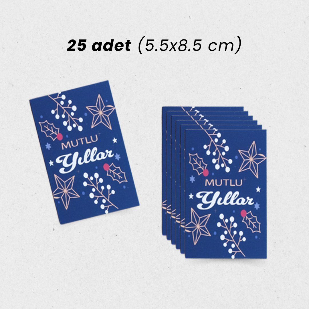 Yılbaşı Mutlu Yıllar Yazılı Hediye Kart Seti, Yıldız Temalı Paketleme Kartı, 25 Adet-5,5x8.5 Cm, Mavi