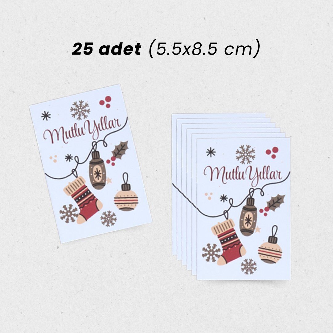 Yılbaşı Mutlu Yıllar Yazılı Hediye Kart Seti, Çorap Temalı Paketleme Kartı, 25 Adet-5,5x8.5Cm, Beyaz