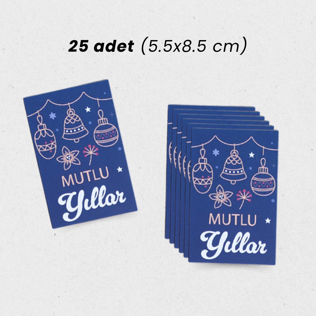 Yılbaşı Mutlu Yıllar Yazılı Hediye Kart Seti, Zil Temalı Paketleme Kartı, 25 Adet-5,5x8.5 Cm, Mavi