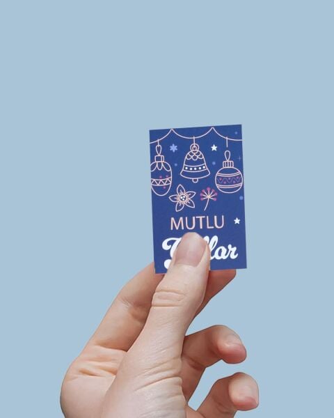 Yılbaşı Mutlu Yıllar Yazılı Hediye Kart Seti, Zil Temalı Paketleme Kartı, 25 Adet-5,5x8.5 Cm, Mavi