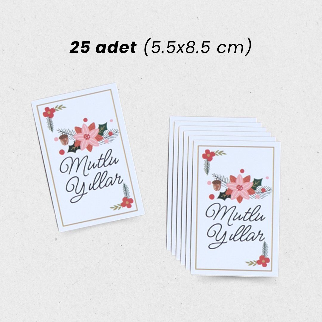 Yılbaşı Mutlu Yıllar Yazılı Hediye Kart Seti, Çiçek Temalı Paketleme Kartı, 25 Adet-5,5x8.5Cm, Beyaz