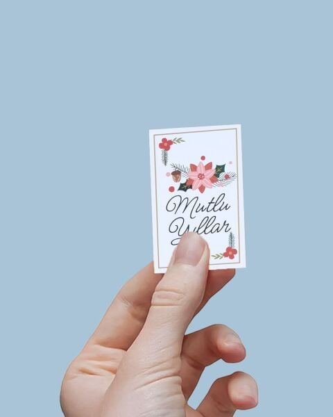 Yılbaşı Mutlu Yıllar Yazılı Hediye Kart Seti, Çiçek Temalı Paketleme Kartı, 25 Adet-5,5x8.5Cm, Beyaz