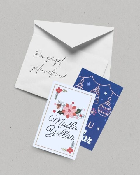 Yılbaşı Mutlu Yıllar Yazılı Hediye Kart Seti, Çiçek Temalı Paketleme Kartı, 25 Adet-5,5x8.5Cm, Beyaz