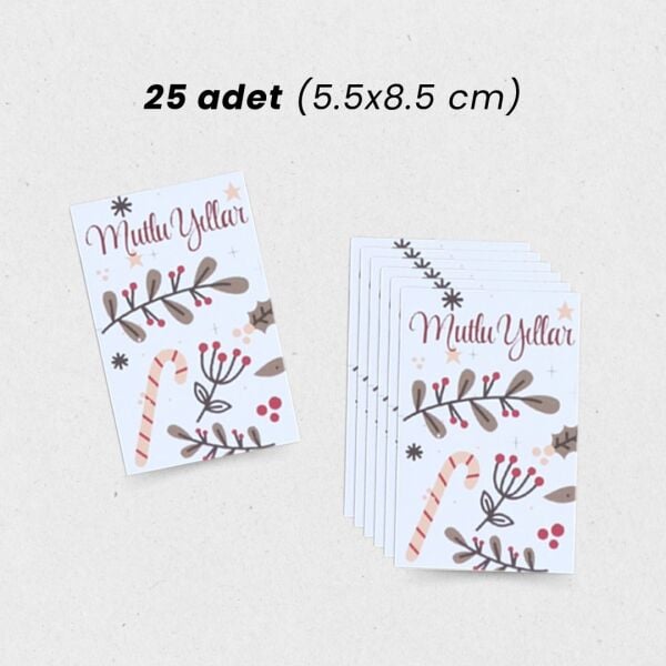 Yılbaşı Mutlu Yıllar Yazılı Hediye Kart Seti, Baston Temalı Paketleme Kartı, 25 Adet-5,5x8,5Cm,Beyaz