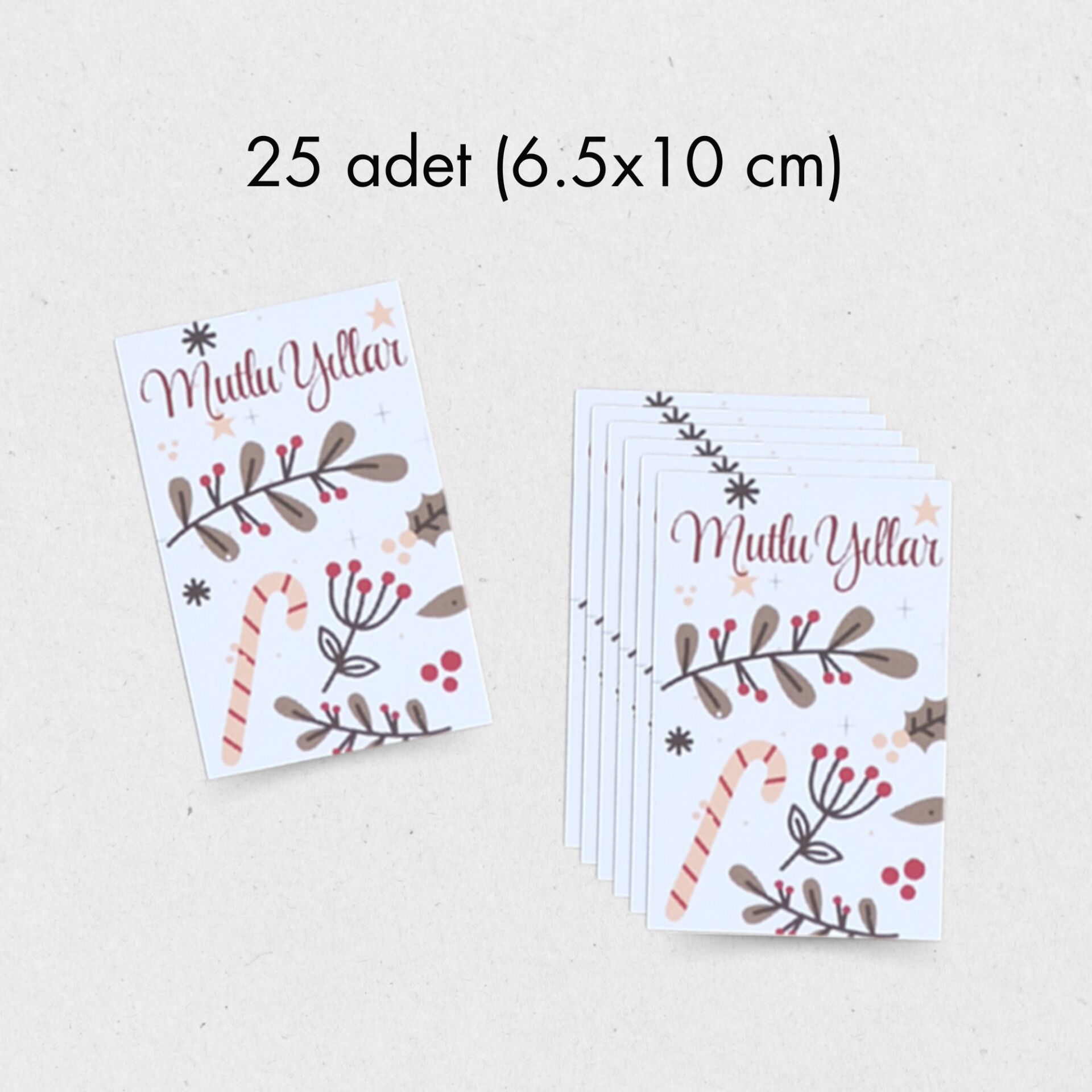 Yılbaşı Mutlu Yıllar Yazılı Hediye Kart Seti, Baston Temalı Paketleme Kartı, 25 Adet-6,5x10 Cm,Beyaz