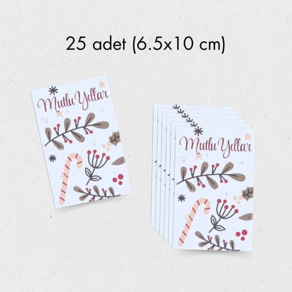 Yılbaşı Mutlu Yıllar Yazılı Hediye Kart Seti, Baston Temalı Paketleme Kartı, 25 Adet-6,5x10 Cm,Beyaz