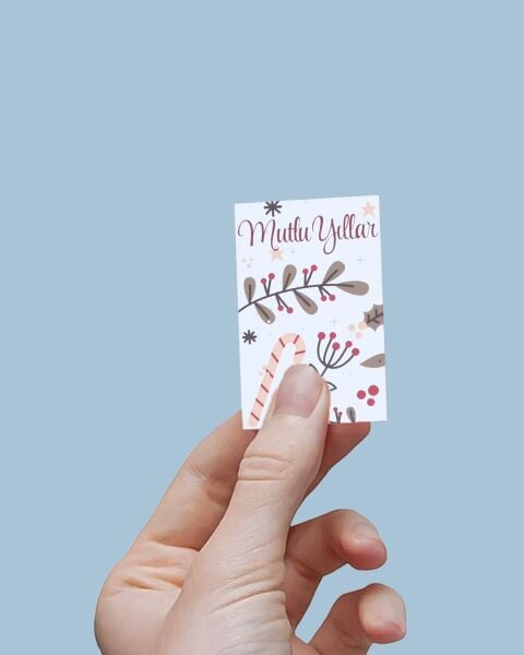 Yılbaşı Mutlu Yıllar Yazılı Hediye Kart Seti, Baston Temalı Paketleme Kartı, 25 Adet-6,5x10 Cm,Beyaz