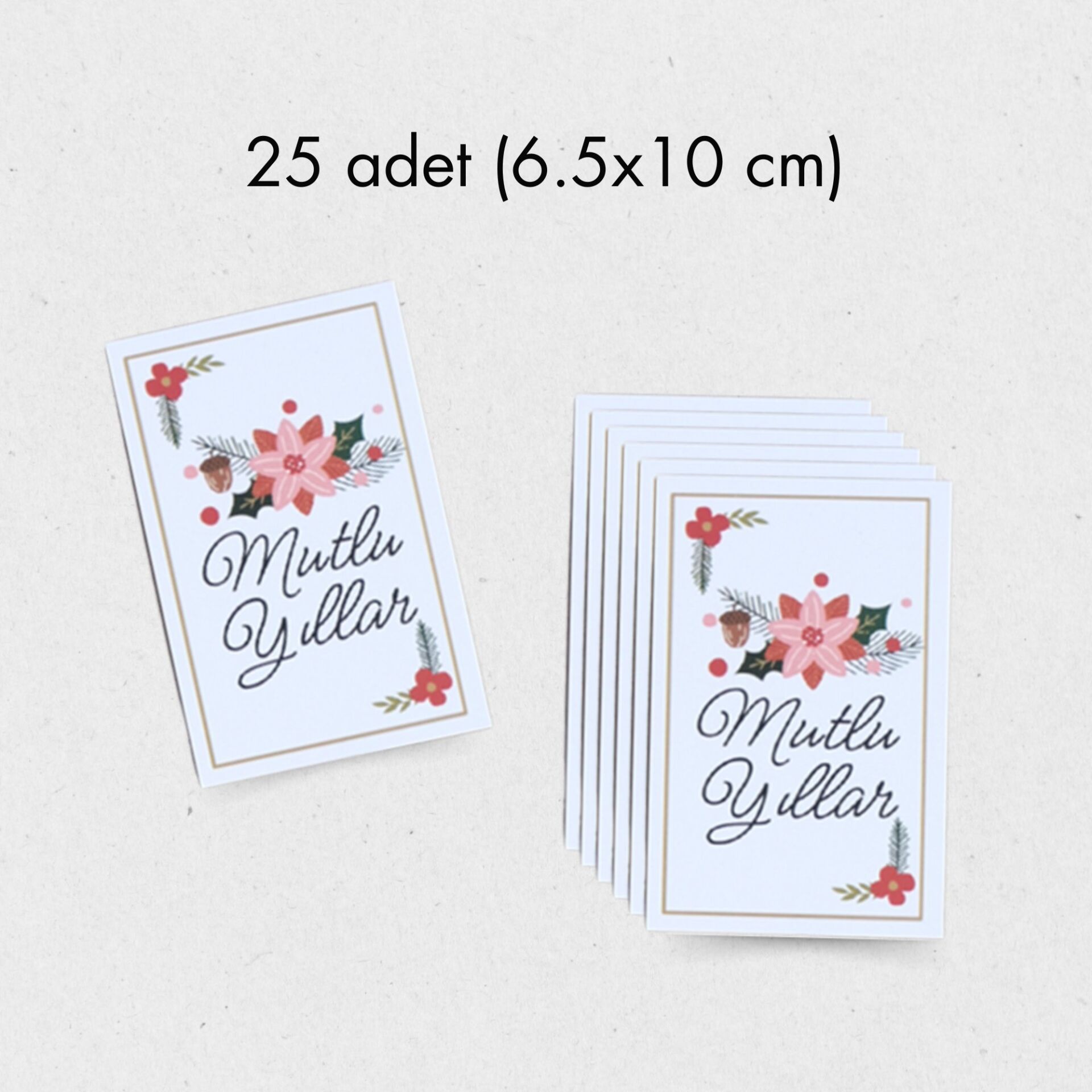 Yılbaşı Mutlu Yıllar Yazılı Hediye Kart Seti, Çiçek Temalı Paketleme Kartı, 25 Adet-6,5x10 Cm, Beyaz