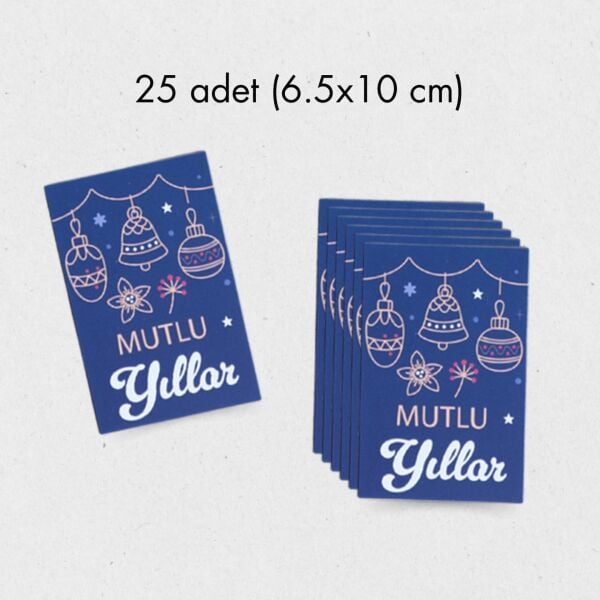 Yılbaşı Mutlu Yıllar Yazılı Hediye Kart Seti, Zil Temalı Paketleme Kartı, 25 Adet-6,5x10 Cm, Mavi