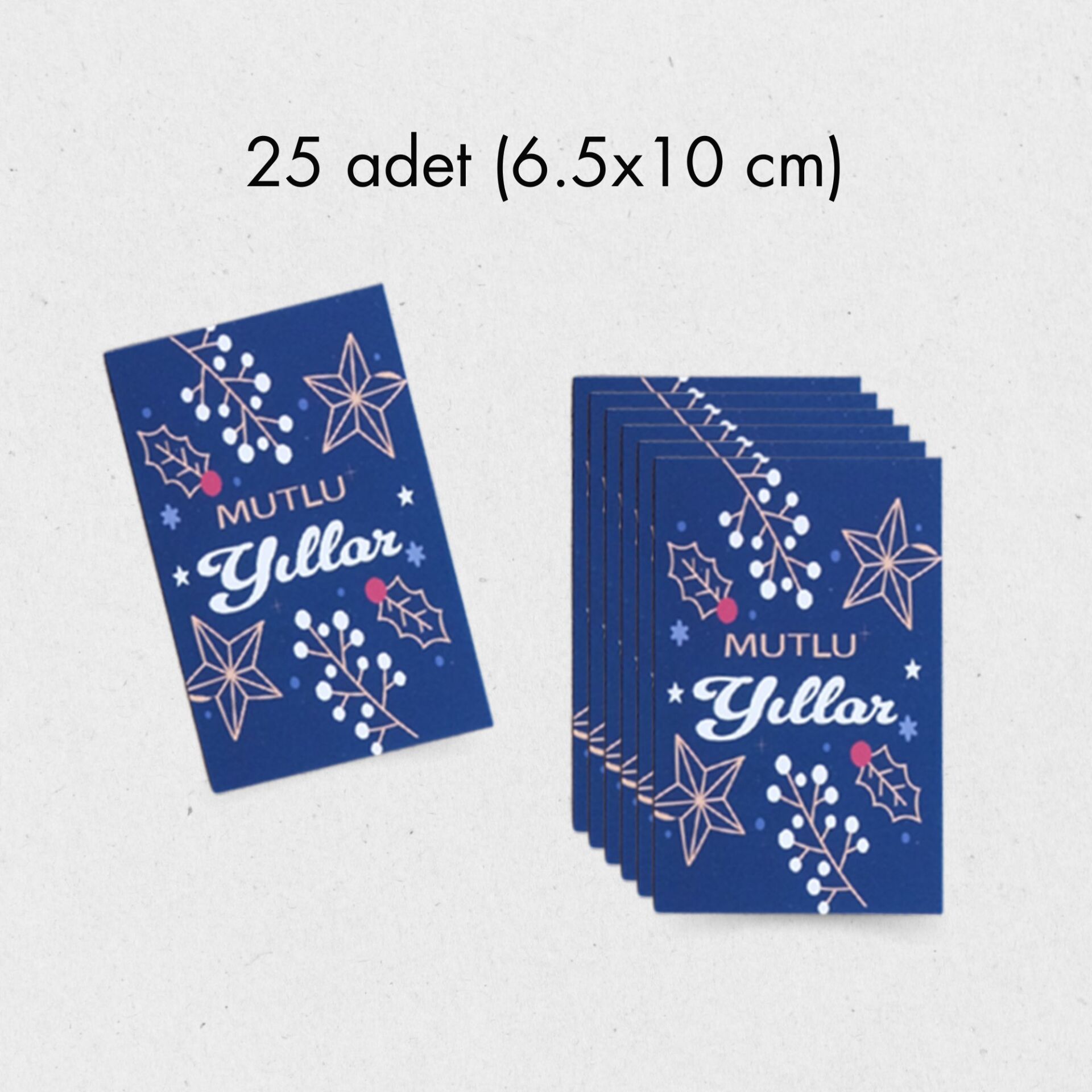 Yılbaşı Mutlu Yıllar Yazılı Hediye Kart Seti, Yıldız Temalı Paketleme Kartı, 25 Adet-6,5X10 Cm, Mavi