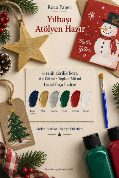 Yeniyıl Renkleri Akrilik Boya Seti 130 ml. Altın, Gümüş, Lacivert, Kırmızı, Yeşil, Beyaz 6x130 ml. - Fırça Hediyeli
