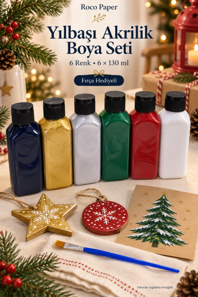 Yeniyıl Renkleri Akrilik Boya Seti 130 ml. Altın, Gümüş, Lacivert, Kırmızı, Yeşil, Beyaz 6x130 ml. - Fırça Hediyeli