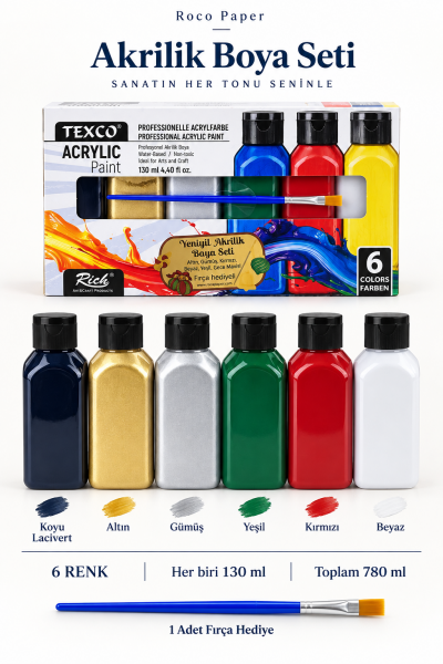 Yeniyıl Renkleri Akrilik Boya Seti 130 ml. Altın, Gümüş, Lacivert, Kırmızı, Yeşil, Beyaz 6x130 ml. - Fırça Hediyeli