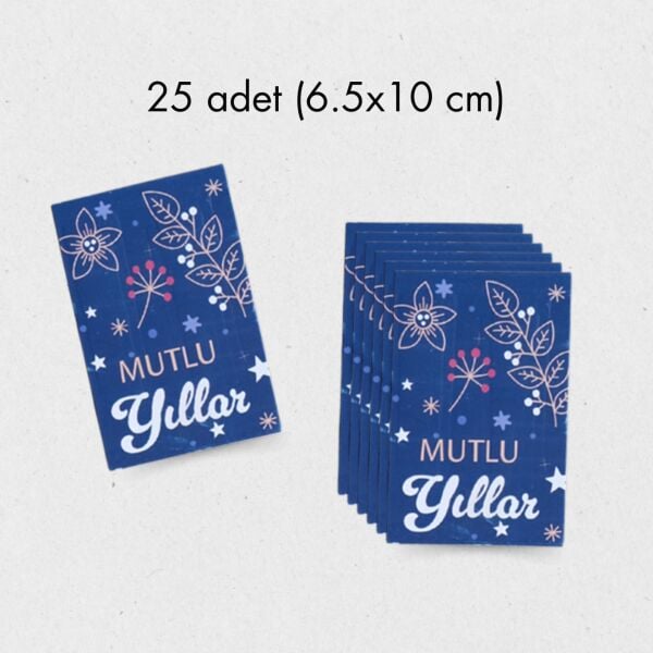 Yılbaşı Mutlu Yıllar Yazılı Hediye Kart Seti, Çiçek Temalı Paketleme Kartı, 25 Adet-6,5X10 Cm, Mavi