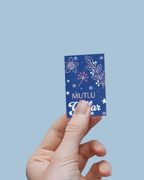 Yılbaşı Mutlu Yıllar Yazılı Hediye Kart Seti, Çiçek Temalı Paketleme Kartı, 25 Adet-6,5X10 Cm, Mavi