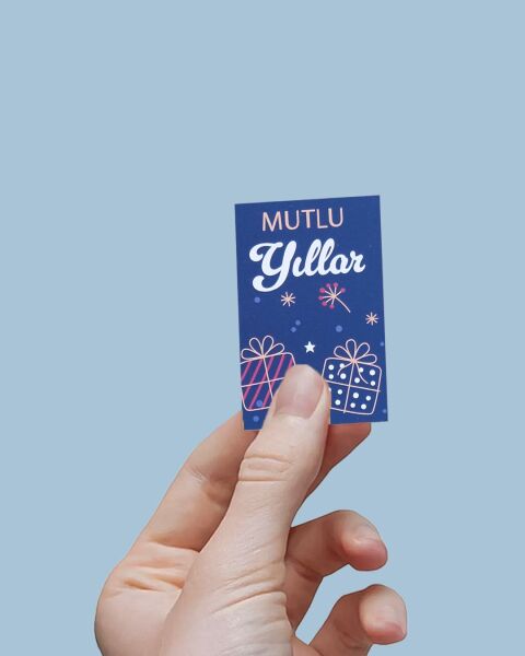 Yılbaşı Mutlu Yıllar Yazılı Hediye Kart Seti, Yeniyıl Paketleme Kartı, 25 Adet-6,5X10 Cm, Mavi