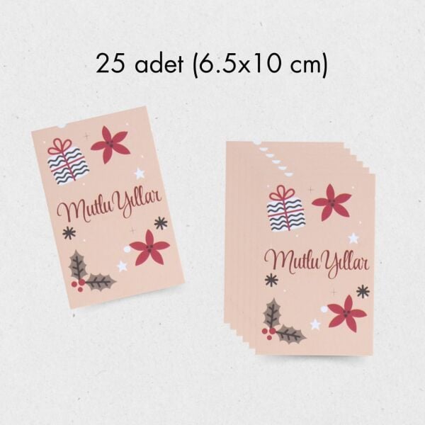 Yılbaşı Mutlu Yıllar Yazılı Hediye Kart Seti, Yeniyıl Paketleme Kartı, 25 Adet-6,5X10 Cm, Bej-2