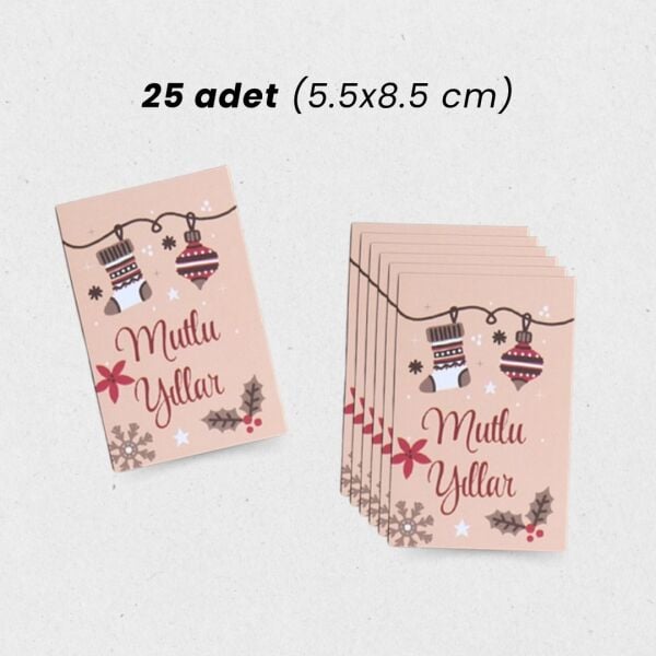 Yılbaşı Mutlu Yıllar Yazılı Hediye Kart Seti, Yeniyıl Paketleme Kartı, 25 Adet-6,5X10 Cm, Bej-1