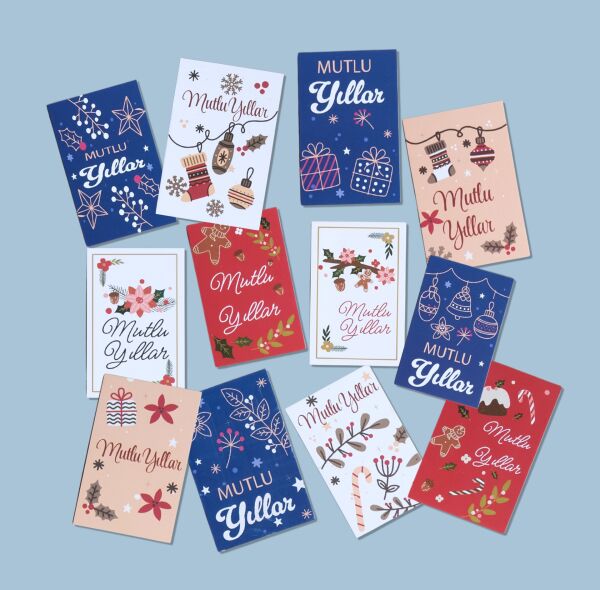 Yılbaşı Mutlu Yıllar Yazılı Hediye Kart Seti, Yeniyıl Paketleme Kartı, 25 Adet-6,5X10 Cm, Bej-1