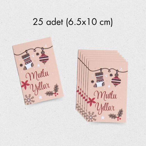 Yılbaşı Mutlu Yıllar Yazılı Hediye Kart Seti, Yeniyıl Paketleme Kartı, 25 Adet-6,5X10 Cm, Bej-1