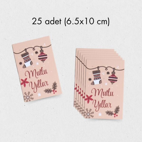 Yılbaşı Mutlu Yıllar Yazılı Hediye Kart Seti, Yeniyıl Paketleme Kartı, 25 Adet-6,5X10 Cm, Bej-1