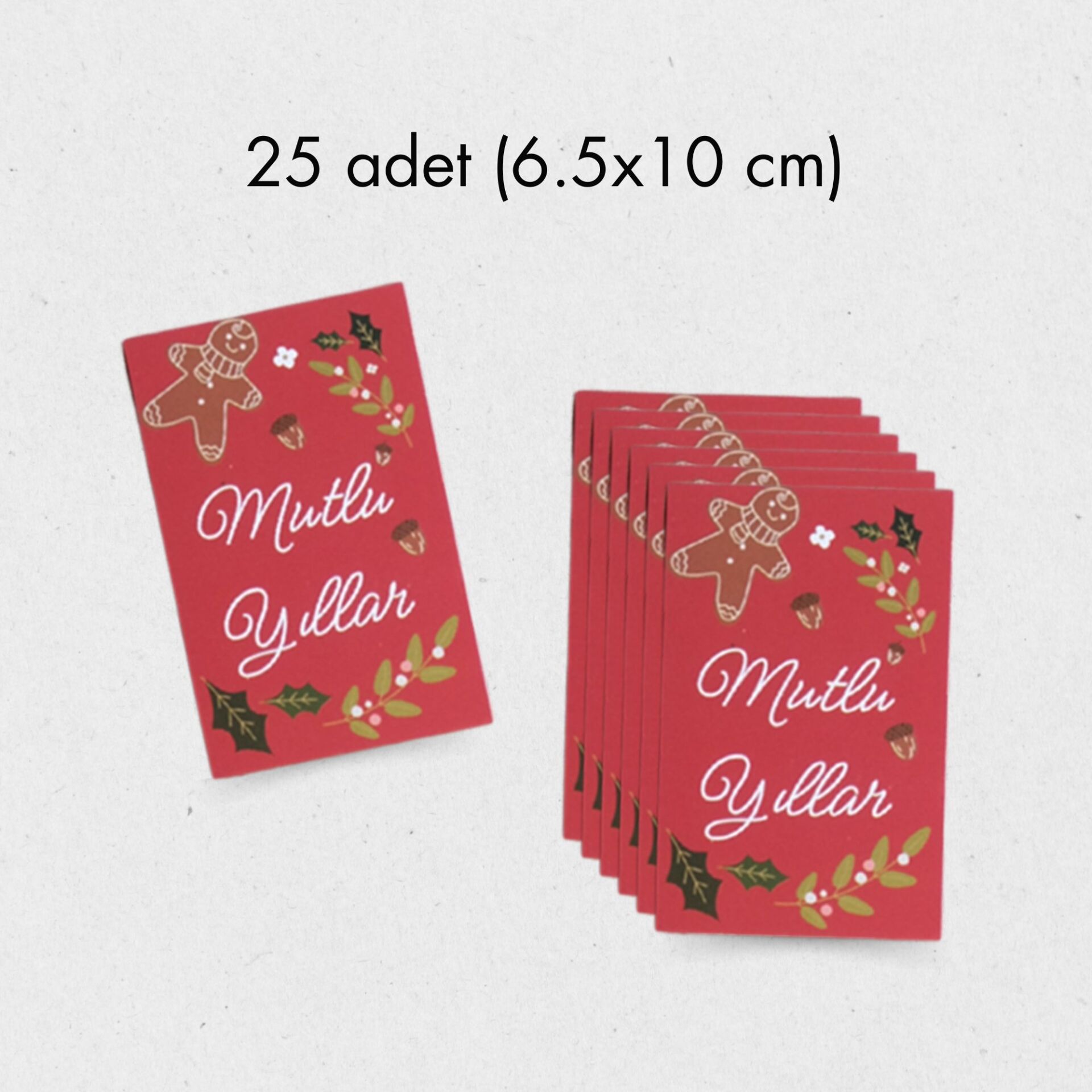Yılbaşı Mutlu Yıllar Yazılı Hediye Kart Seti, Yeniyıl Paketleme Kartı, 25 Adet-6,5X10 Cm, Kırmızı