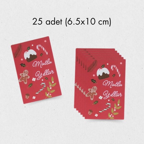 Yılbaşı Mutlu Yıllar Yazılı Hediye Kart Seti, Yeniyıl Paketleme Kartı, 25 Adet-6,5X10 Cm, Kırmızı