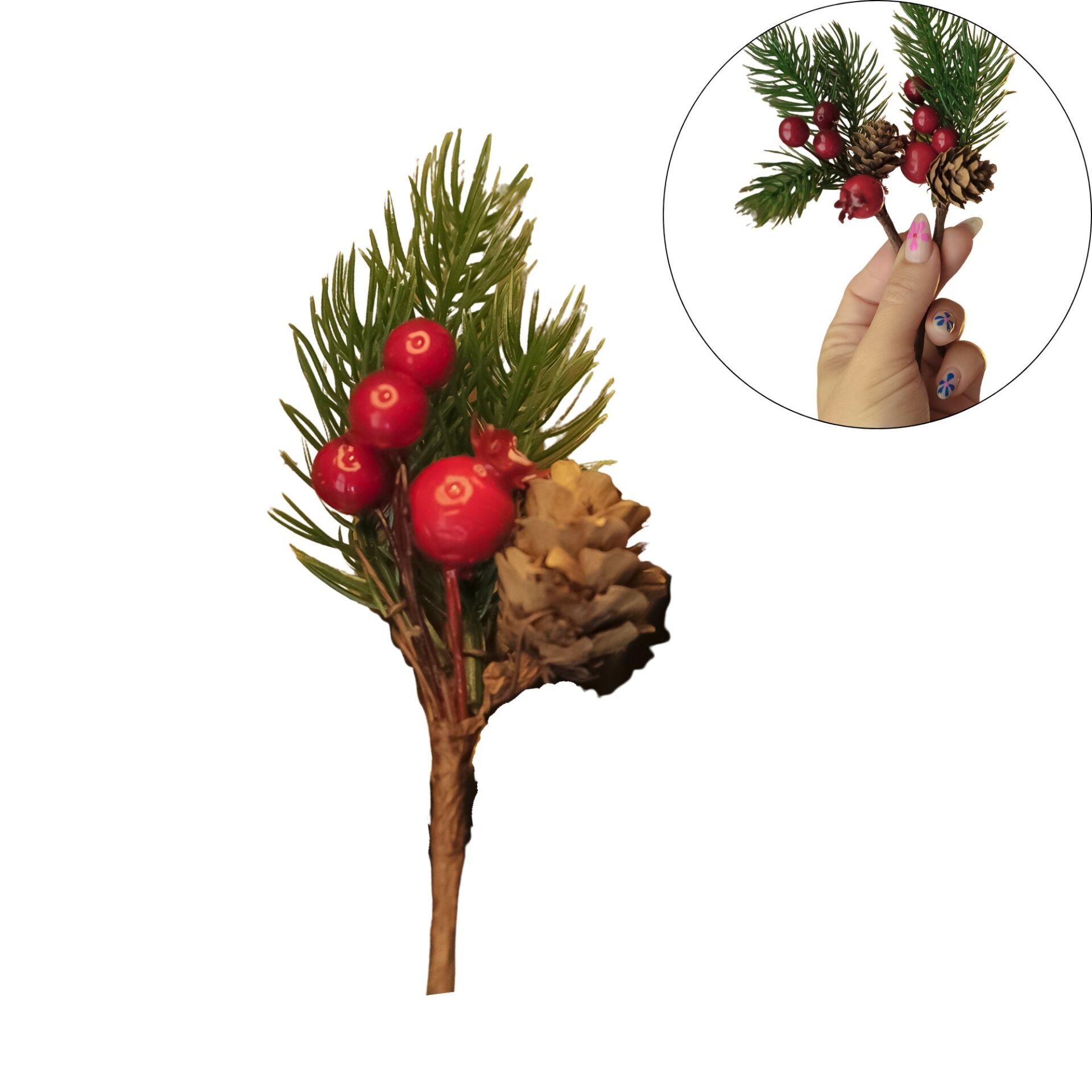 Kokina Yılbaşı Çiçeği, Yapay Çam Kozalaklı Kiraz Demeti, Yeniyıl Süsü, 13 Cm - 1 Adet