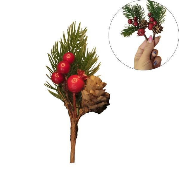 Kokina Yılbaşı Çiçeği, Yapay Çam Kozalaklı Kiraz Demeti, Yeniyıl Süsü, 13 Cm - 1 Adet
