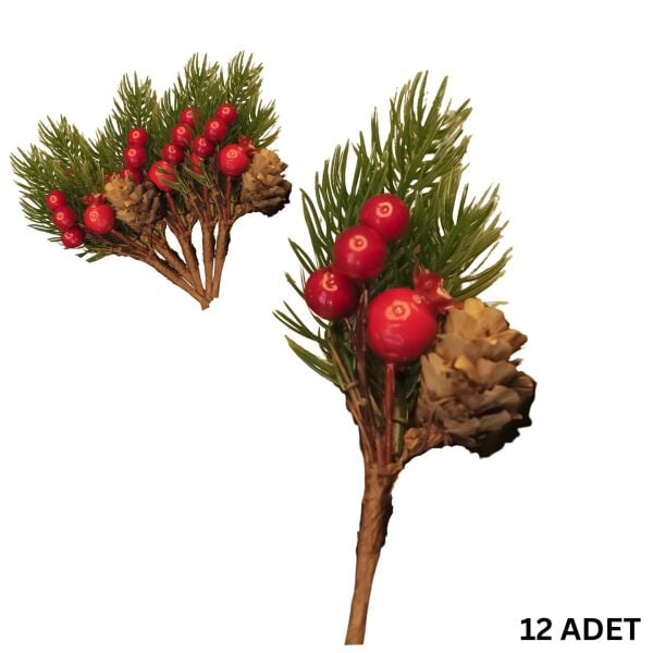 Kokina Yılbaşı Çiçeği, Yapay Çam Kozalaklı Kiraz Demeti, Yeniyıl Süsü, 13 Cm - 12 Adet