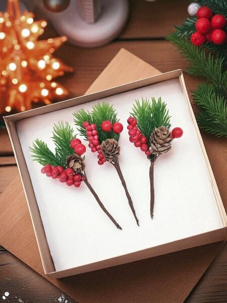 Kokina Yılbaşı Çiçeği, Yapay Çam Kozalaklı Kiraz Demeti, Yeniyıl Dekoratif Ev Süsü, 13 Cm - 12 Adet