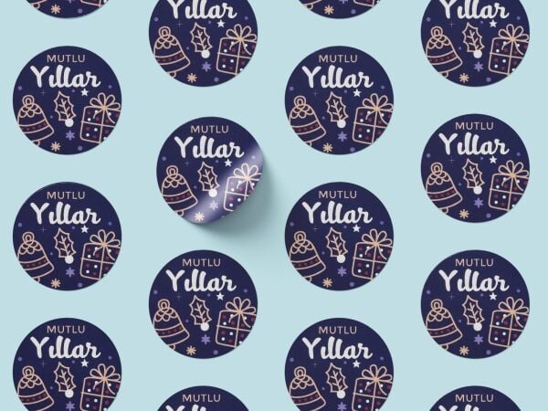 Yılbaşı Temalı Mutlu Yıllar Sticker Seti, Yeni Yıl Hediye Paketleme Etiketi, 108 Adet, 33x33mm, Mavi