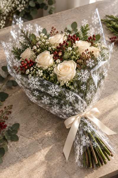Yılbaşı Kar Tanesi Baskılı Şeffaf Jelatin, 100x130 cm, Yeniyıl Hediye Paketleme Jelatini, 2 Adet