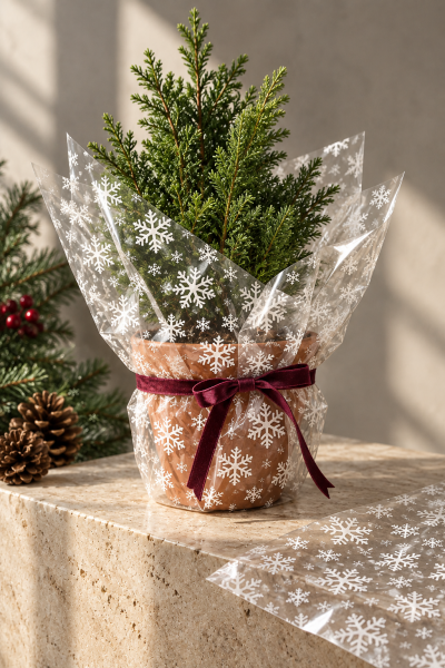 Yılbaşı Kar Tanesi Baskılı Şeffaf Jelatin, 100x130 cm, Yeniyıl Hediye Paketleme Jelatini, 2 Adet