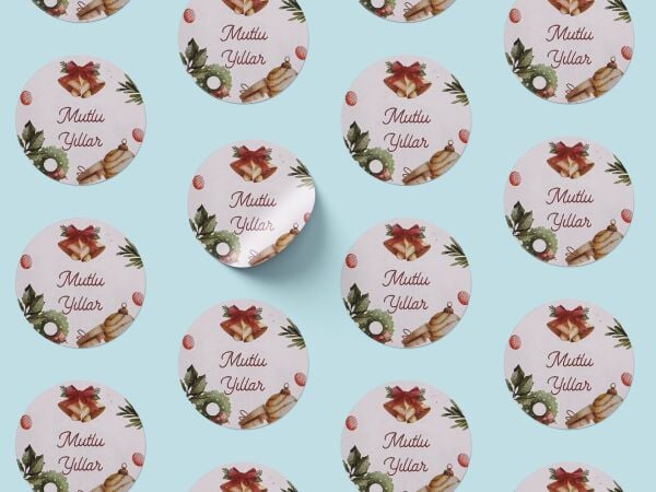 Yılbaşı Mutlu Yıllar Sticker Seti, Yeni Yıl Hediye Paketleme Etiketi, 108 Adet, 33x33 mm (3 Tasarım)