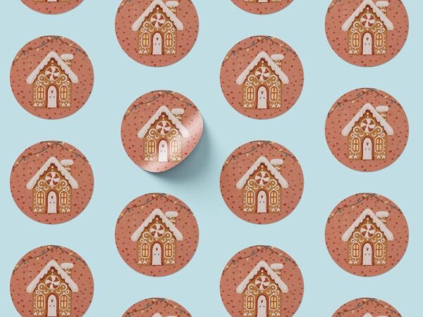 Yılbaşı Gingerbread Ev Sticker Seti, Yeni Yıl Hediye Paket ve Hediye Etiketi, 108 Adet, 33x33 mm