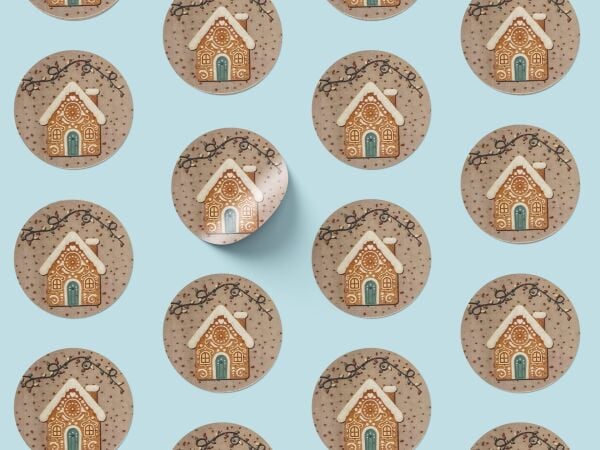 Yılbaşı Gingerbread Ev Sticker Seti, Yeni Yıl Hediye Paket ve Hediye Etiketi, 108 Adet, 33x33 mm